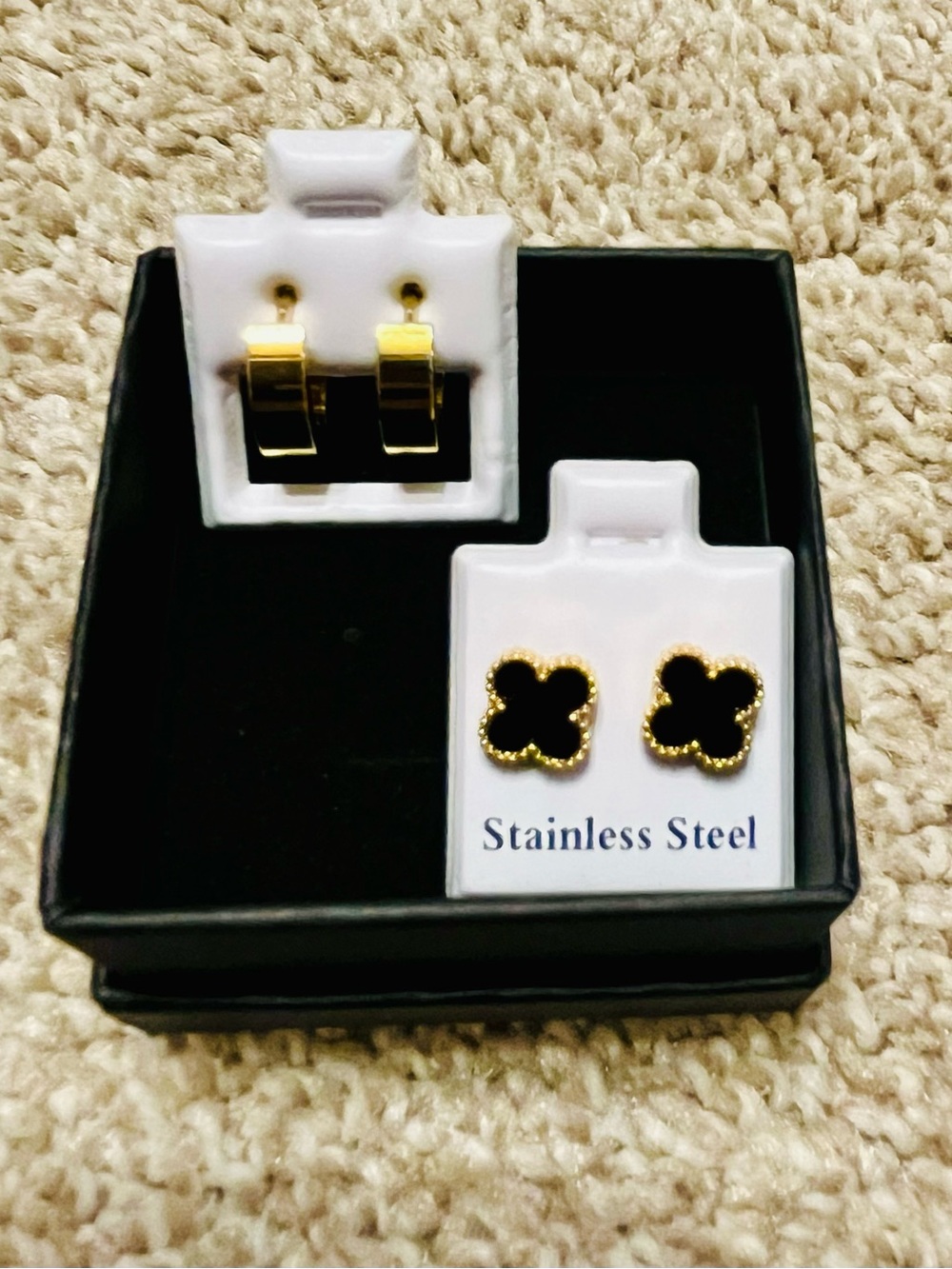 Gold-Tone Stainless Steel Black Clover Stud Earrings Set